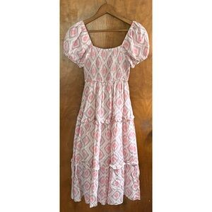 Moon River Anthropologie Pink Puff Sleeve Tiered Maxi Dress Smocked Milkmaid Y2K